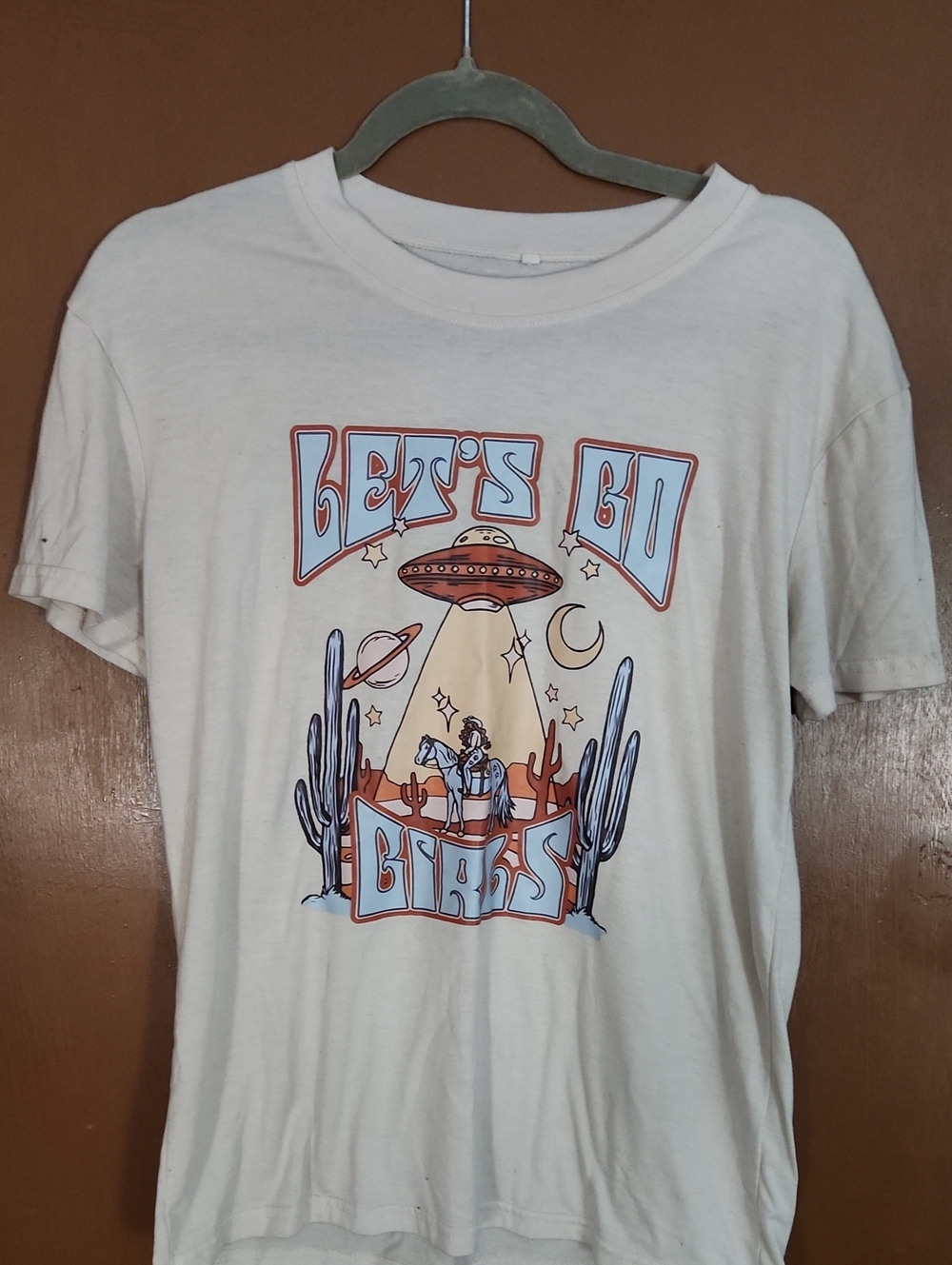 Let’s Go Girls Graphic Tee - Cream with Coral & Blue Print